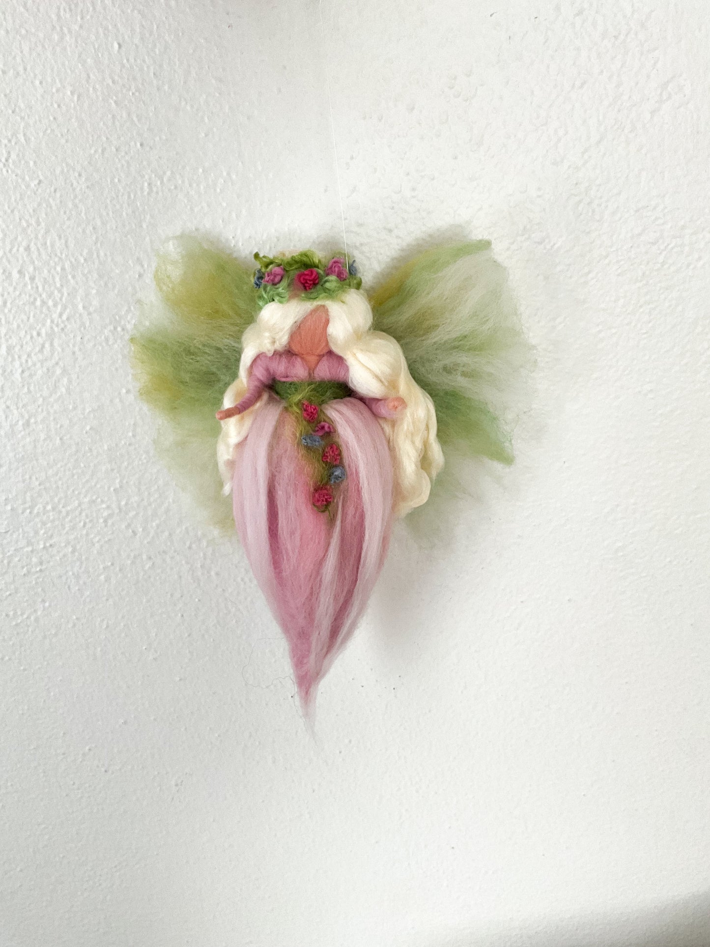 Spring Waldorf Fairy needle felted with pink dress. Fairy of Flowers. Hanging ornament. Mothers day perfect gift.