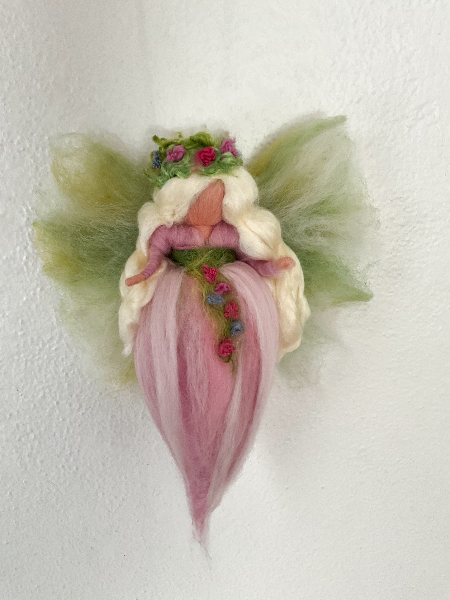 Spring Waldorf Fairy needle felted with pink dress. Fairy of Flowers. Hanging ornament. Mothers day perfect gift.