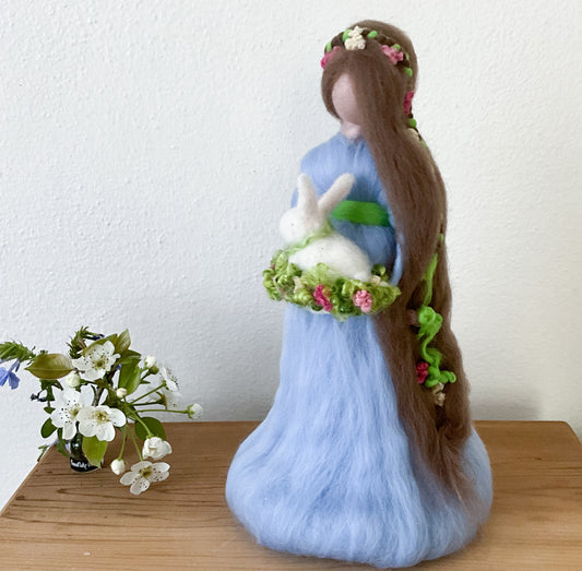 Large Spring  Maiden, Waldorf fairy/angel with bunny rabbit and light blue dress. Ostara decor, Easter decoration.