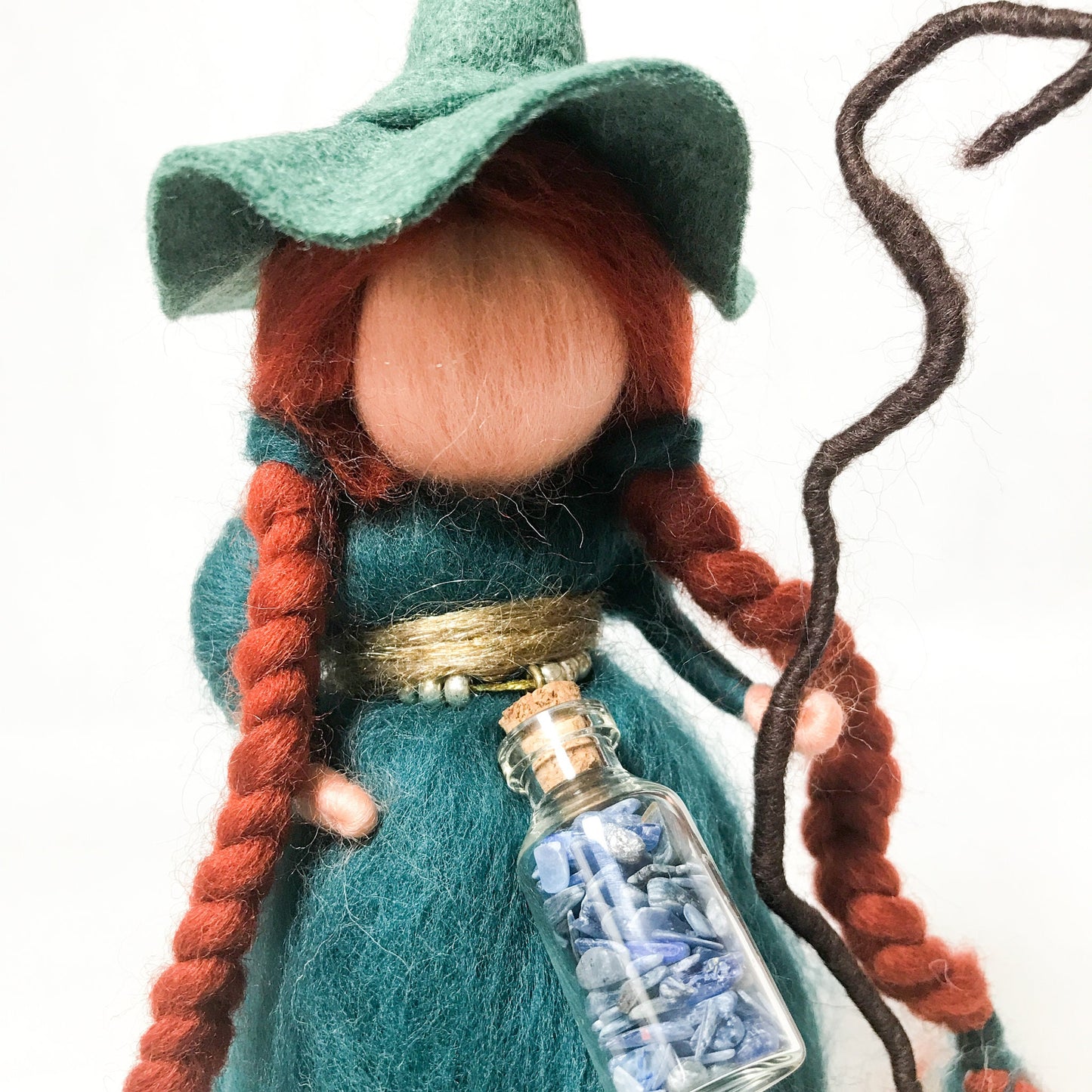 Green Witch. Wise Forest witch with quartz mix bottle and fire broom.