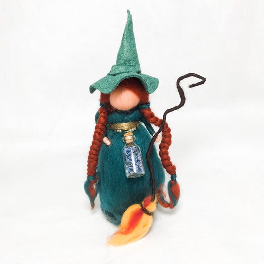 Green Witch. Wise Forest witch with quartz mix bottle and fire broom.