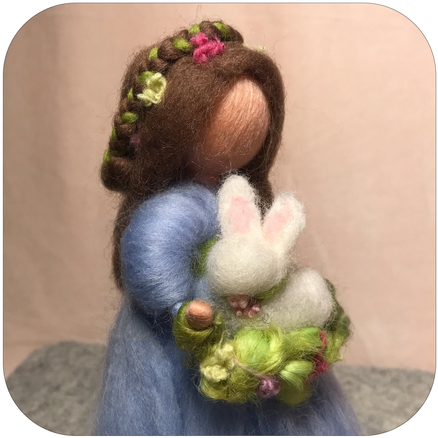Spring  Maiden, Waldorf fairy/angel with bunny rabbit and light blue dress. Ostara decor, Easter decoration.