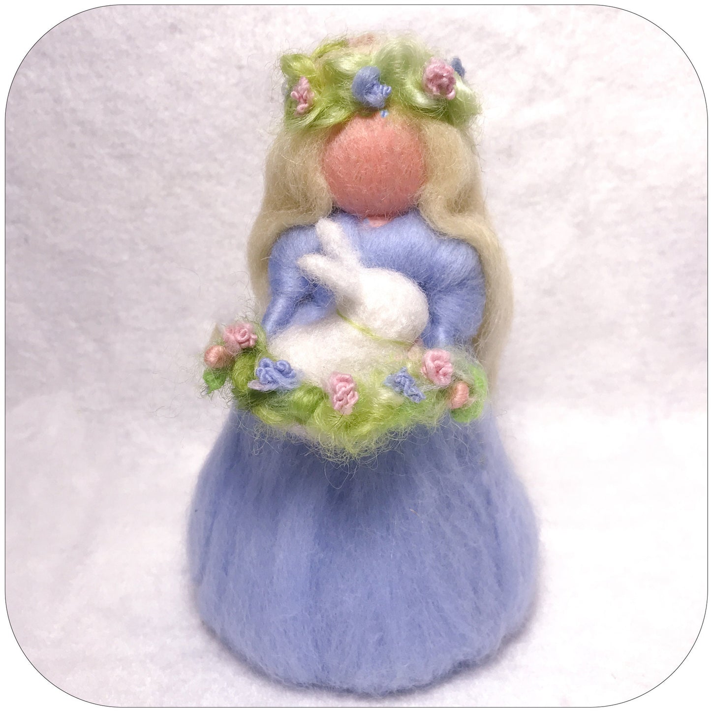Amazing Spring Waldorf inspired fairy/angel with rabbit and light blue dress. Ostara goddess. Eostre.